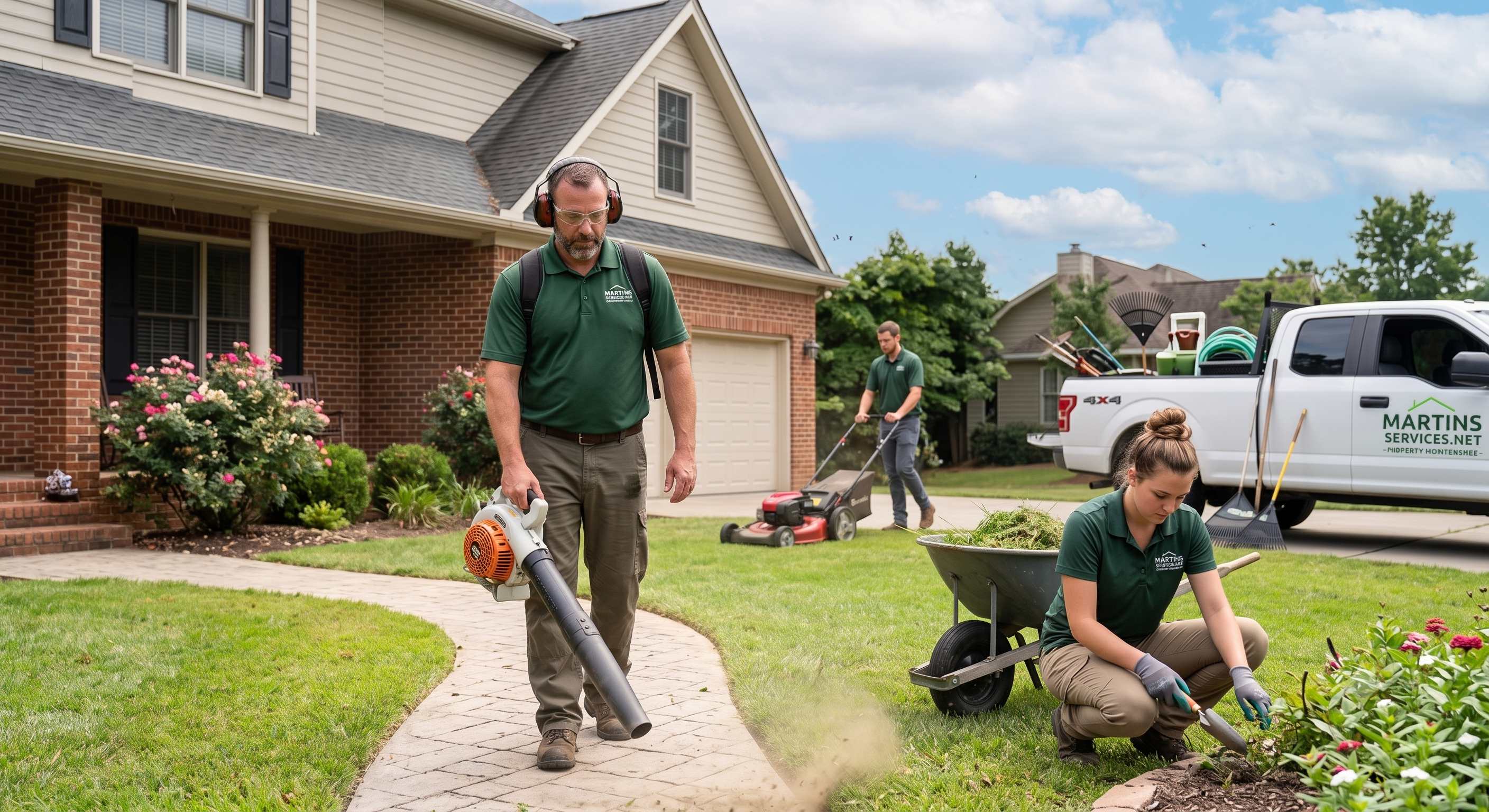 Martin's Property Services strata landscaping crew mowing, blowing, and planting at a residential property in the Lower Mainland BC — professional grounds maintenance team